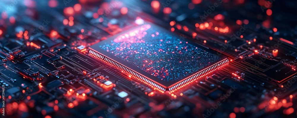 Poster a close-up view of a futuristic microchip glowing with colors, showcasing intricate circuit designs 