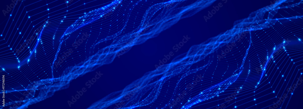 Poster Abstract flow of luminous particles on dark background. Movement of colored dots. Big data. 3D rendering. Widescreen