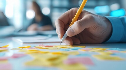 A close-up of a person writing on sticky notes with a pencil, illustrating brainstorming and creativity in a collaborative workspace.
