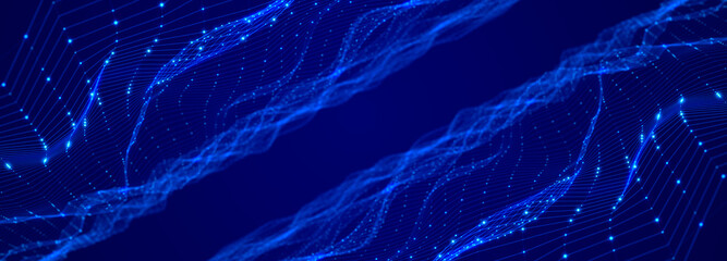 Abstract flow of luminous particles on dark background. Movement of colored dots. Big data. 3D rendering. Widescreen