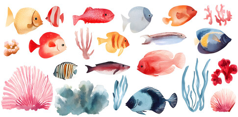 Coral reef fish collection isolated on white background
