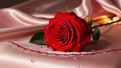 A close-up of a single red rose with dewdrops on its petals, resting on a silk-covered table, with soft, romantic lighting perfect for Valentine&rsquo;s Day.

