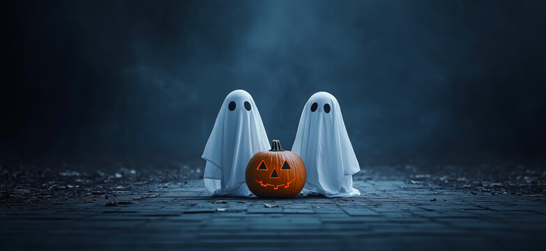 Halloween greeting card. Two ghosts and a pumpkin
