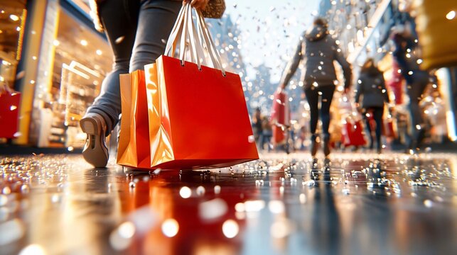 A person walks through a vibrant shopping district, carrying colorful shopping bags on a sunny day, enjoying the lively atmosphere.