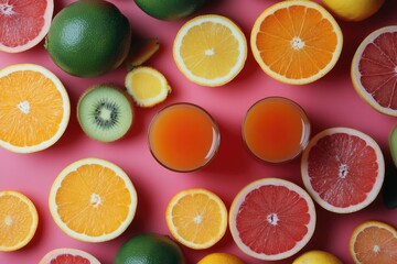 Overhead view various fruits and juice in glass on coloured background.