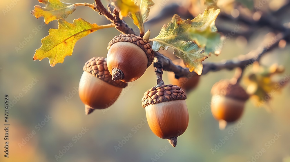 Canvas Prints Acorn Cluster on a Branch in Autumnal Sunlight