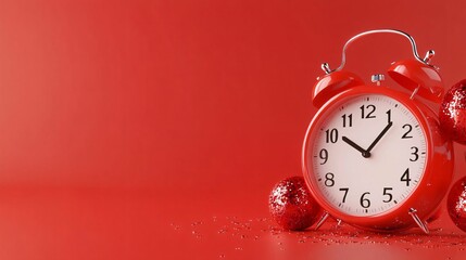 A vibrant red clock on a matching background, symbolizing the essence of time during the festive season with decorative ornaments.
