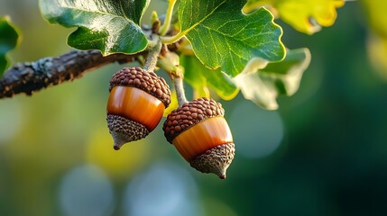 Acorns on a Branch with Green Leaves