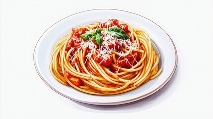 A plate of spaghetti with marinara sauce, sprinkled with parmesan cheese, placed on a white background