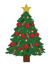 Fototapeta premium Christmas tree with yellow star, red pines and bells.