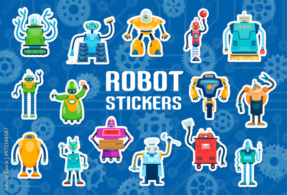 Leinwandbilder cartoon robot characters stickers pack. vibrant vector patches collection of funny cyborgs, artifici