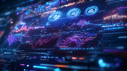 Futuristic data visualization with vibrant graphs, charts, and analytics on a digital screen. Perfect for presentations and tech themes.