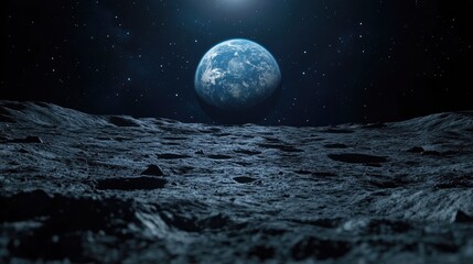 A view of Earth from the moon's surface with a bright blue planet, craters, and a starry sky.
