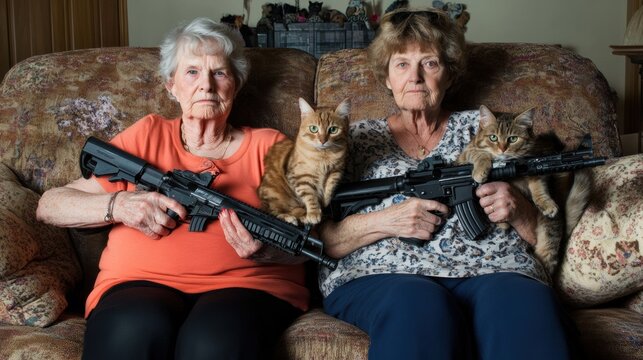 Two women sitting on a couch holding guns and cats
