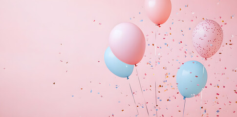 Fototapeta premium Pastel Balloons with Confetti on a Purple Background with copy space 