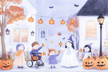 Enchanted Halloween Street: Watercolor illustration of children in costumes enjoying a festive Halloween night, with pumpkins, lights, and a whimsical atmosphere.  