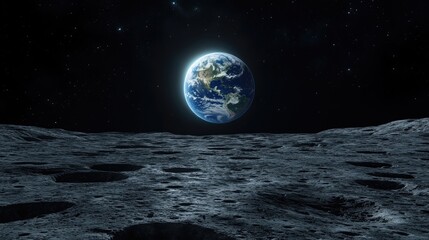 A view of Earth from the surface of the moon, showing the planet's blue oceans and continents against a backdrop of stars.