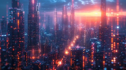 Fototapeta premium A futuristic city skyline illuminated by neon lights, with a dramatic sky in the background.