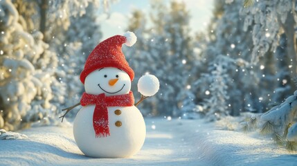 Obraz premium A cheerful snowman in a snowy landscape, embodying winter joy and holiday spirit.