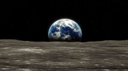 A stunning view of Earth from the surface of the moon, with the planet's blue oceans and white clouds visible against the backdrop of a star-filled sky.