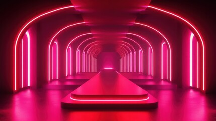 A futuristic corridor illuminated by vibrant pink neon lights, designed for a modern setting.