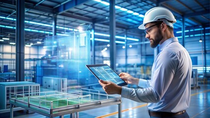 Engineer comparing physical products to digital models on a holographic screen, modern factory setting, [quality control], [digital product verification]