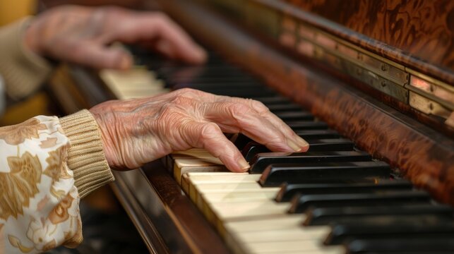 Close - up of hands of a senior musician playing piano keys