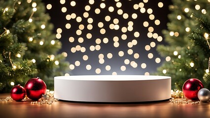 Christmas podium with red ornaments, bokeh lights, and Christmas trees. Holiday mockup product display on a wooden surface