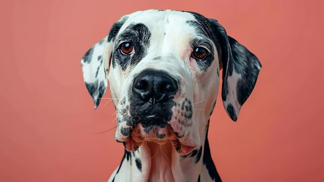 Dalmatian dog with expressive eyes against a pink background looking curious and engaged