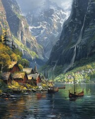 Fototapeta premium A picturesque village nestled in a fjord, surrounded by towering mountains and cascading waterfalls. A boat sails on the tranquil waters.