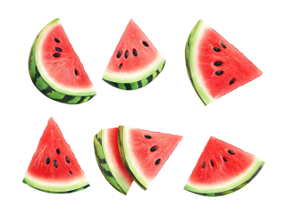 Some pieces of refreshing watermelon on transparent,A group of watermelon slices, slice of watermelon,Sliced of watermelon isolated on transparent png,red berry jam, syrup, cut out, Set of watermelon,