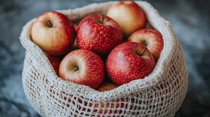 Red apples in beige mesh bag lying on dark textured surface