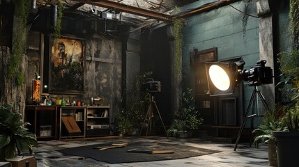 Fototapeta premium A dimly lit studio with plants, vintage cameras, and a painting, suggesting a creative space.