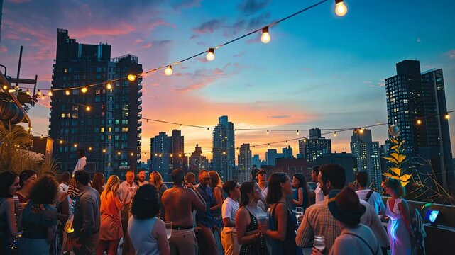 Rooftop Revelry Under the City Lights: A vibrant crowd enjoys a summer evening soir&eacute;e on a rooftop, the cityscape aglow in the golden hour light. 