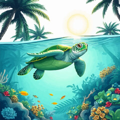 turtle with beach background vector illustration. sea world vector logo illustration. cute cartoon sea turtle.