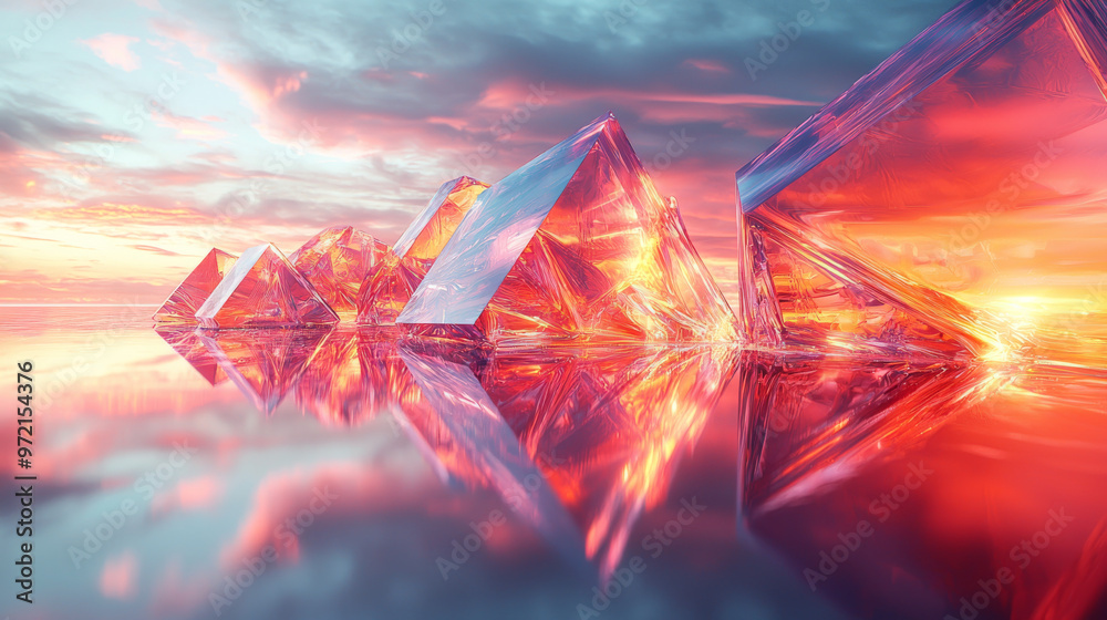 Wall mural Crystalline structures reflecting a vibrant sunset.