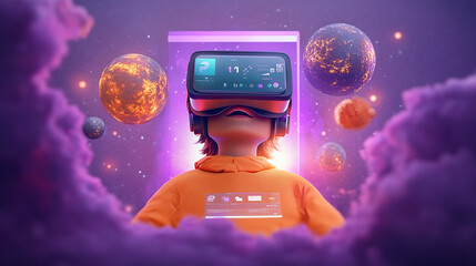 A child wearing a VR headset surrounded by cosmic elements, exploring virtual worlds.