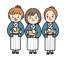 浴衣を着た若い三人の女性