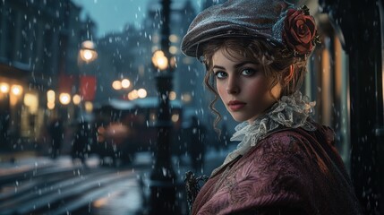 A woman in vintage attire stands in a snowy street, evoking a nostalgic atmosphere.
