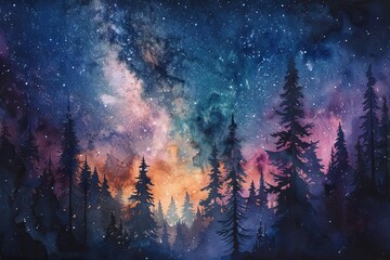 Fototapeta premium A watercolor painting of a starry night sky over a forest. The Milky Way is visible in the sky, and the trees are silhouetted against the vibrant colors.