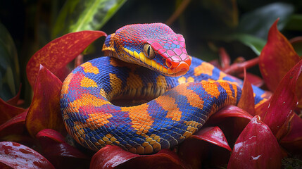 A vibrant, colorful snake coiled among lush red and green foliage.