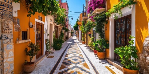 Fototapeta premium A vibrant mosaic-tiled walkway winding through narrow streets in a Mediterranean village