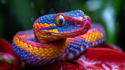 A vibrant, colorful snake resting on a red flower with lush greenery in the background.