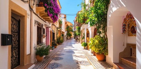 A vibrant mosaic-tiled walkway winding through narrow streets in a Mediterranean village
