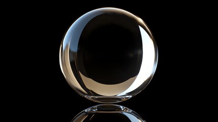 Shiny, reflective, transparent glass sphere with a black background.