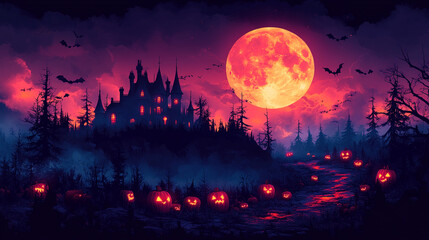 A spooky Halloween scene featuring a haunted castle, glowing pumpkins, and a full moon.
