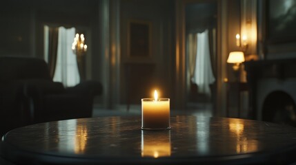 A lit candle on a table in a dimly lit room, creating a warm and inviting atmosphere.