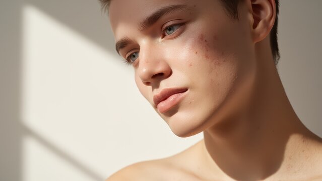 Close up Portrait of Young Woman with Acne Scars and Sunlit Skin