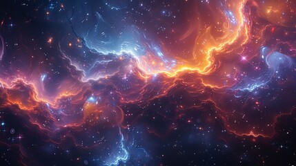 Abstract cosmic nebula with vibrant red and blue energy streams.