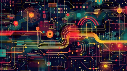 Obraz premium Abstract digital circuit board background with vibrant colors and glowing lines.
